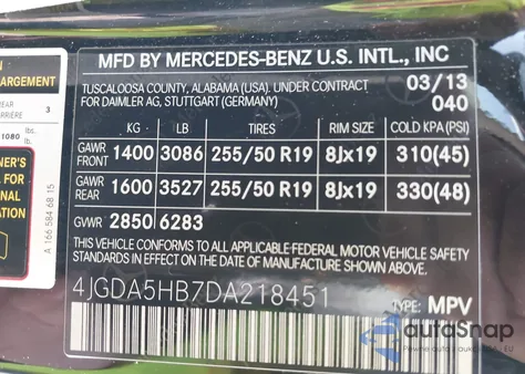 2013 Mercedes-Benz Ml 350 4Matic from USA, damaged, VIN 4JGDA5HB7DA218451